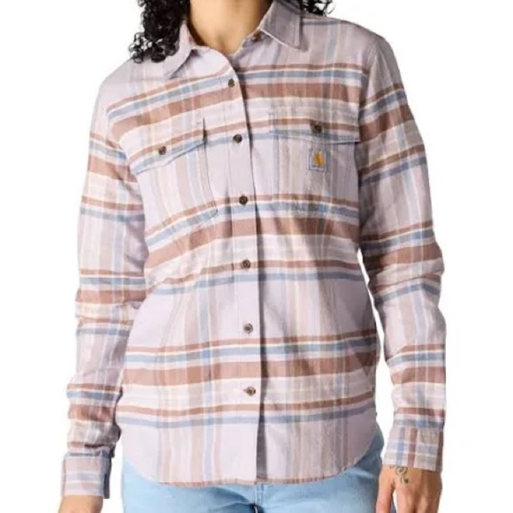 Carhartt Women's Pale lavender Plaid Button-Down Shirt with Tan Stripes